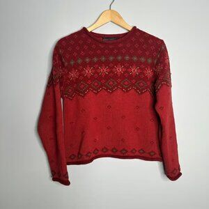 Nomadic Traders Women’s Red Winter Print Cotton Blend Heavy Sweater